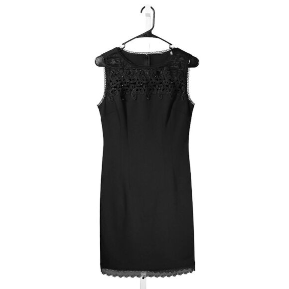 T Tahari Women's Dress Black Stretch Embroidered Lace Mesh Beaded Sheath Size 2 - Picture 1 of 9